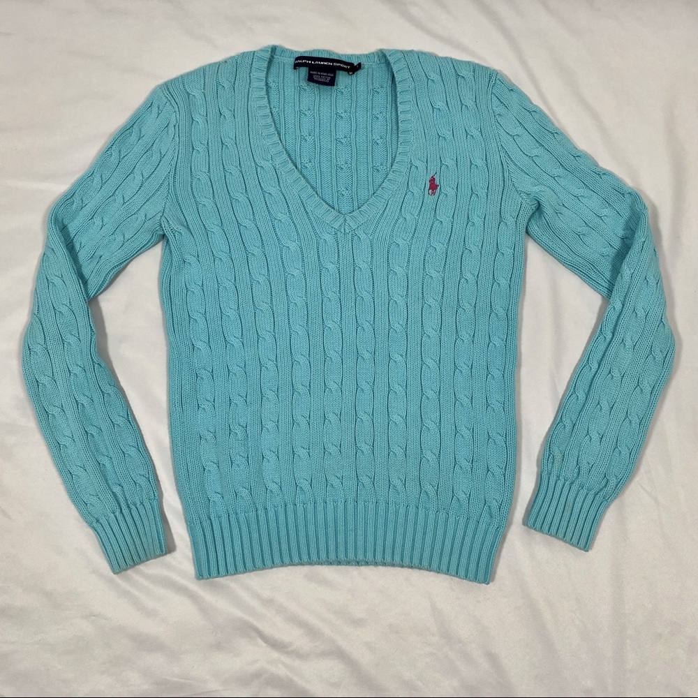 Ralph Lauren Sport Cable Sweater Aqua Blue SZ S